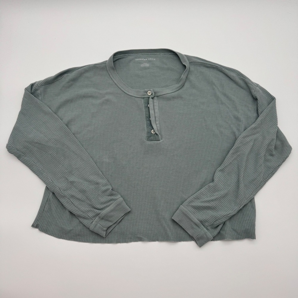 American Eagle Women Green Waffle Knit Henley Long Sleeve Cropped Top Large